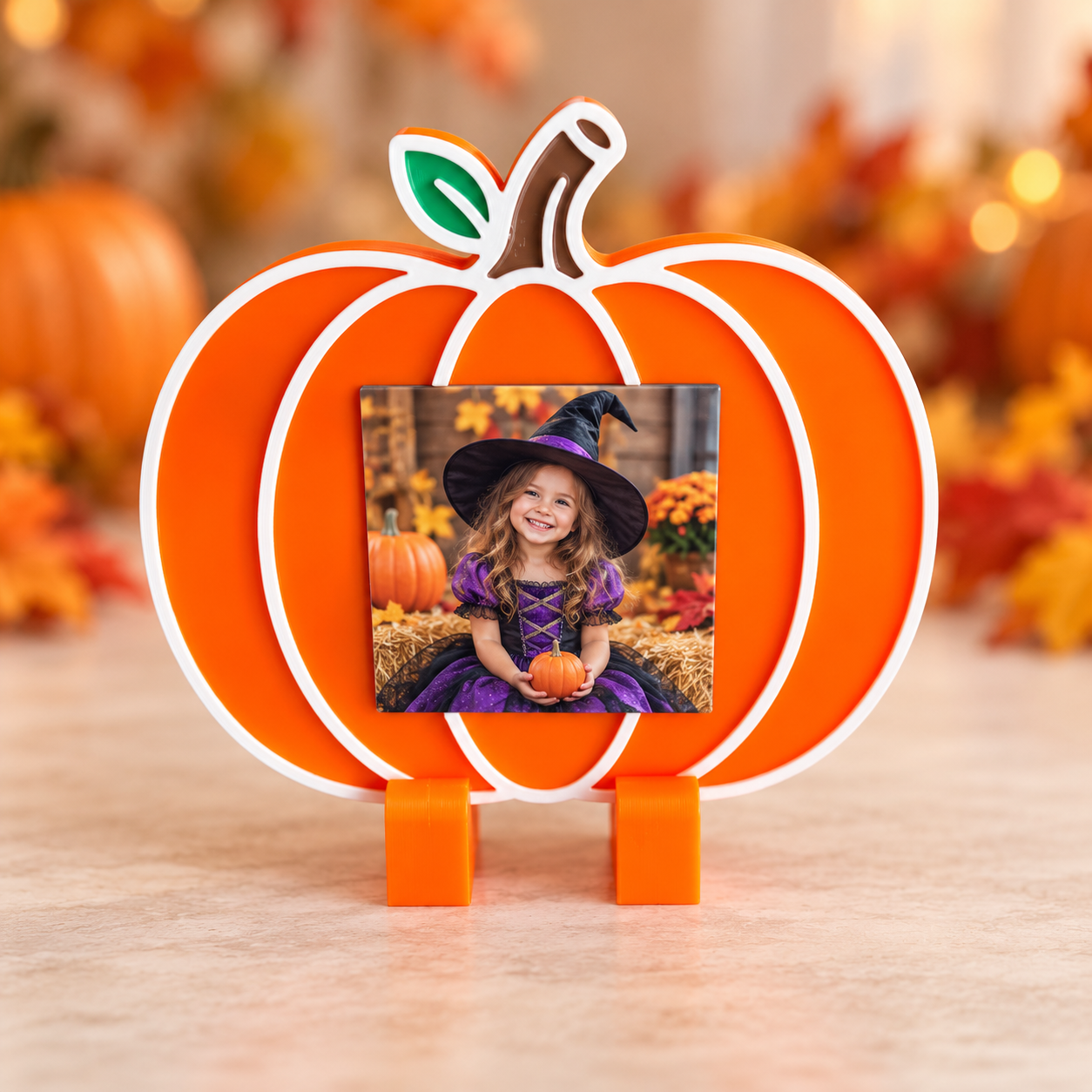 Orange 3D printed pumpkin frame displaying a photo magnet of a child in a Halloween costume